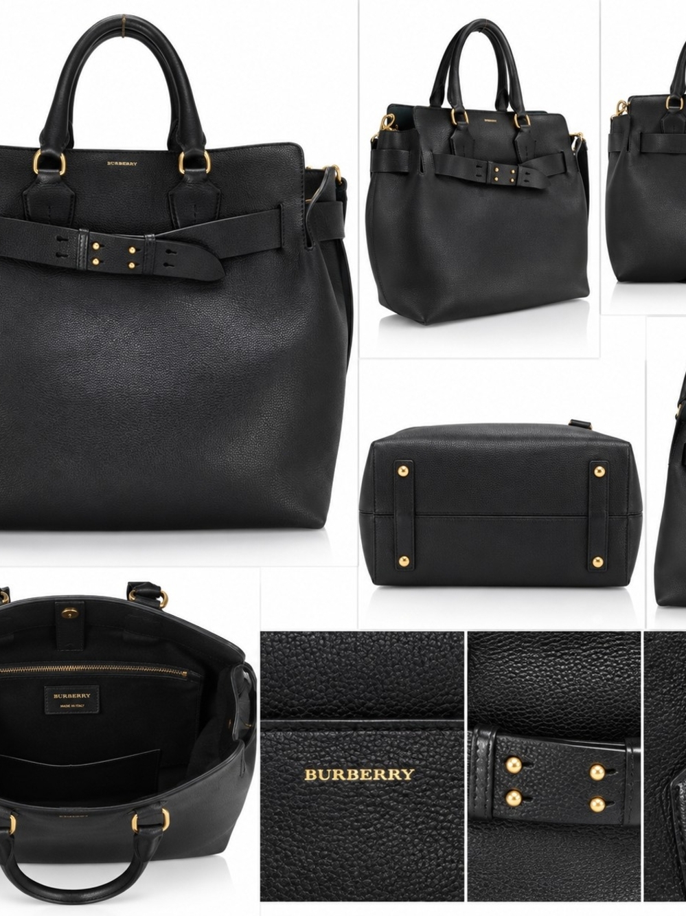 Burberry Black Pebbled Leather Tote Bag with Signature Belt Detail
